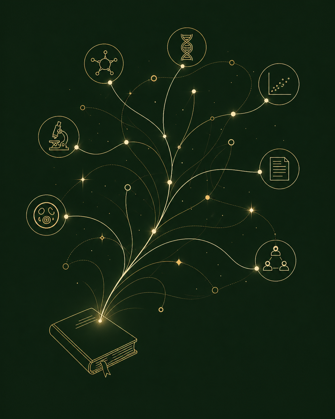 A book with golden tendrils branching upward to icons of scientific disciplines.